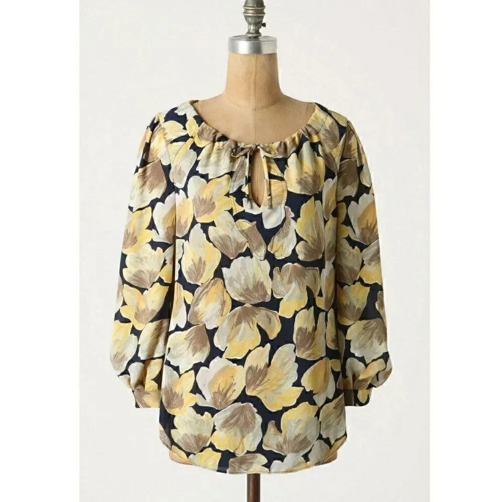 Anthropologie Michelia Floral Meadow Rue Size 10 Navy Yellow Blouse Top
